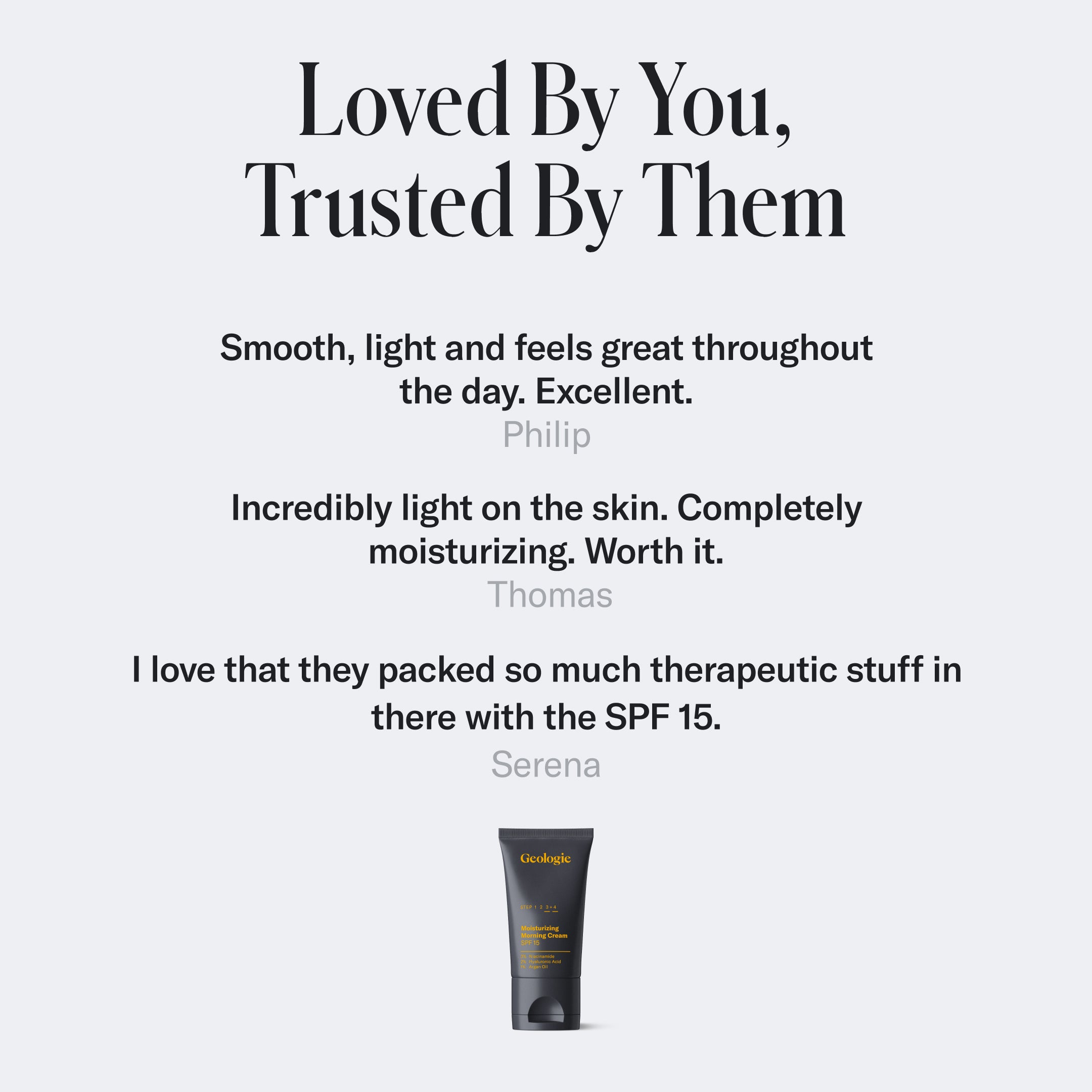 Advertisement for Geologie Moisturizing Face Cream with SPF15 featuring a bottle and positive customer reviews, highlighting its light feel, therapeutic benefits, and reef-safe SPF.