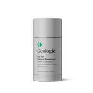 A cylindrical stick of Geologie Natural Deodorant, labeled as an aluminum-free deodorant and dermatologist tested, providing all-day odor protection, set against a plain white background.
