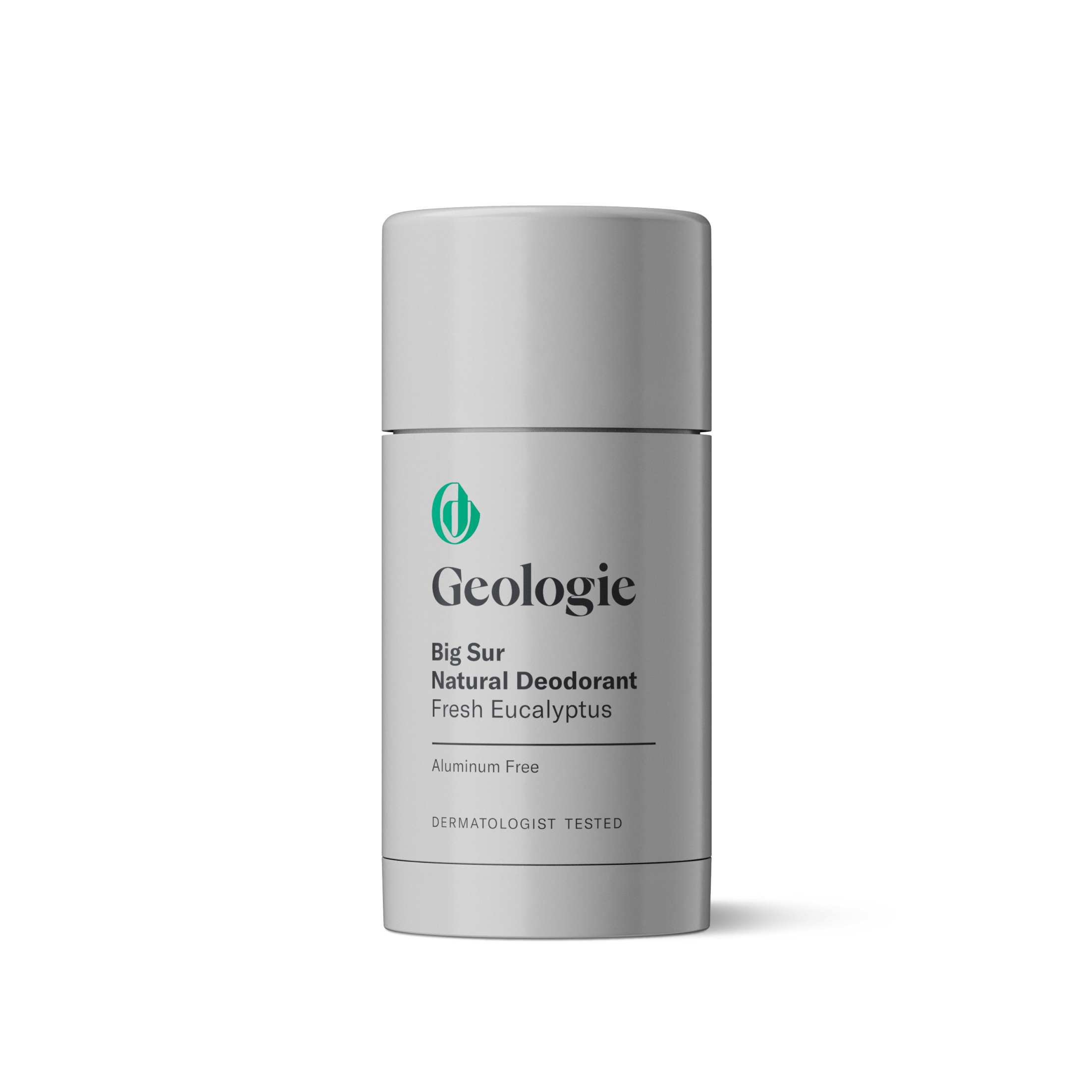 A cylindrical stick of Geologie Natural Deodorant, labeled as an aluminum-free deodorant and dermatologist tested, providing all-day odor protection, set against a plain white background.