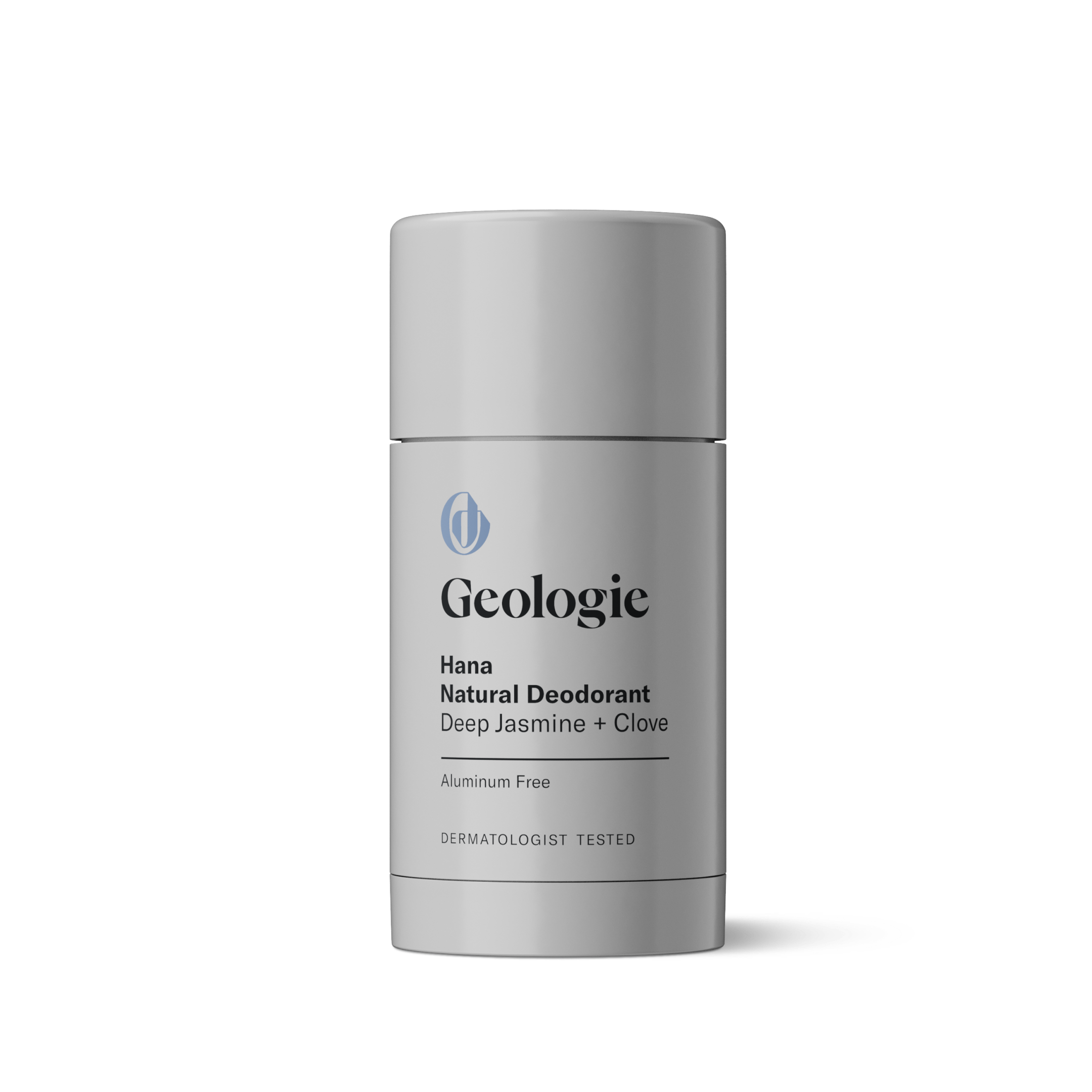 A stick of Geologie Natural Deodorant in Deep Jasmine + Clove scent offers effective odor protection. The label highlights that this natural deodorant is aluminum-free and dermatologist tested.
