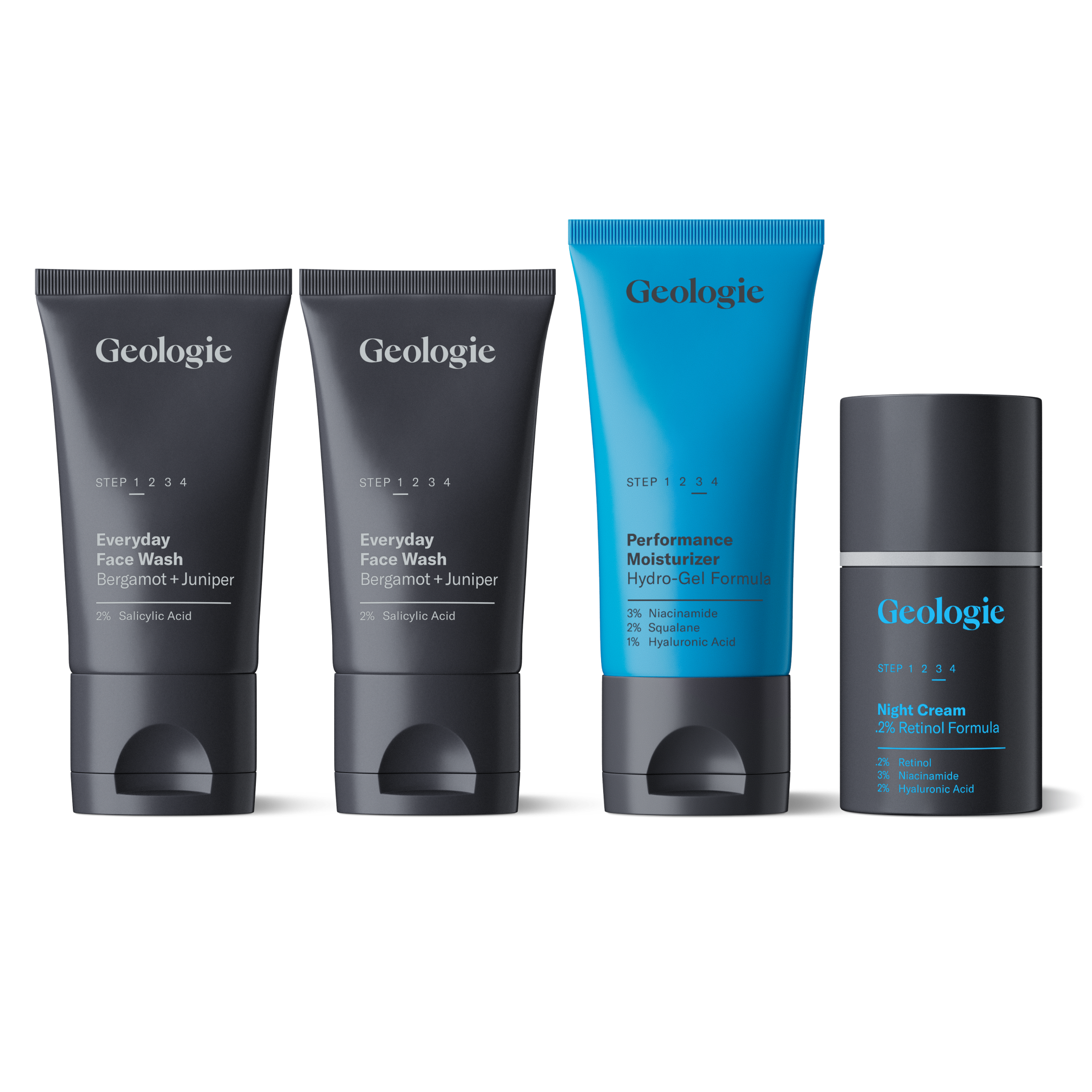 A set of four Geologie Oily Skin Routine products, specially crafted for oily skin, including two Everyday Face Washes with salicylic acid, one Performance Moisturizer, and one Night Cream. Each item is labeled with its specific treatment formulation to fit seamlessly into your skincare routine.