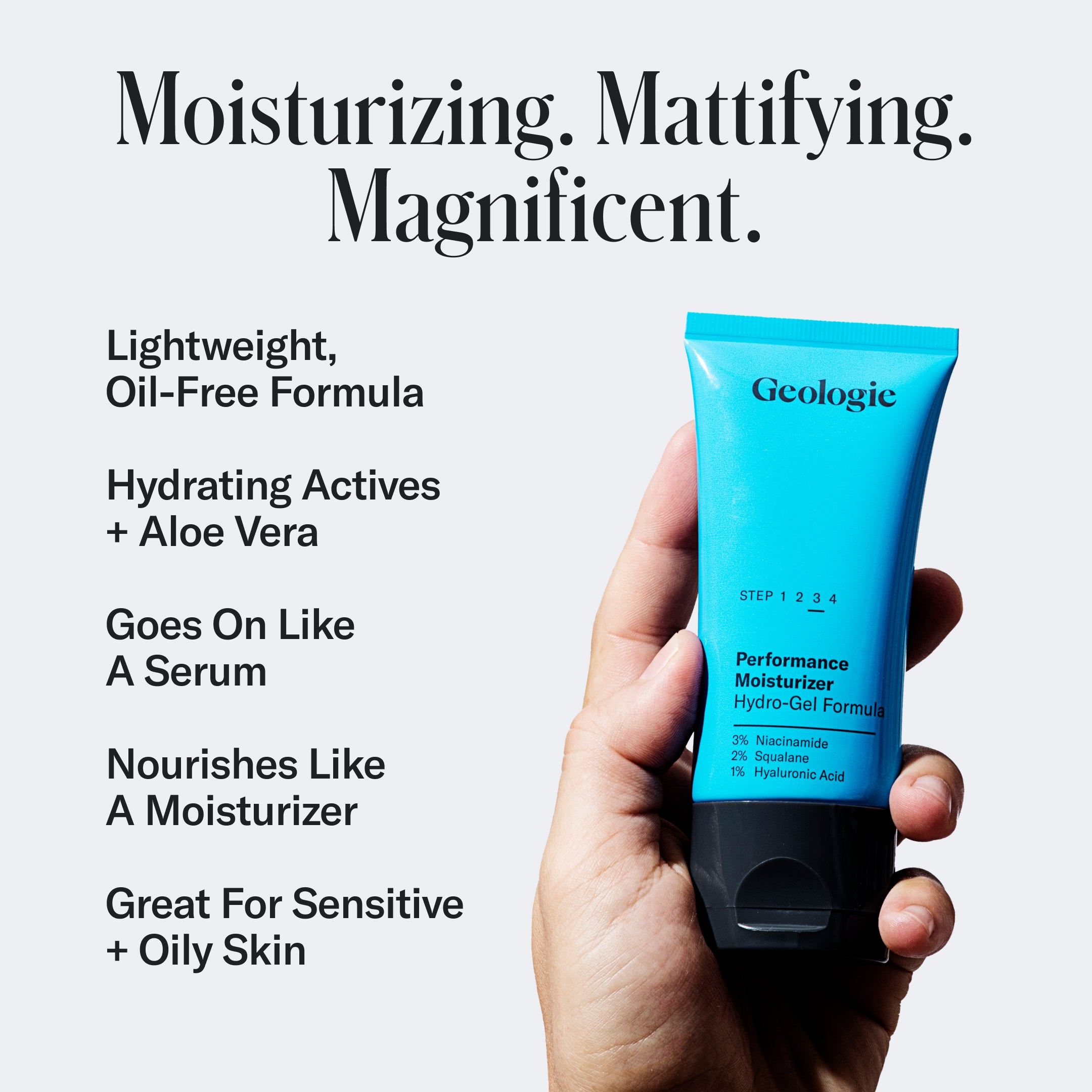 Hand holding a blue tube of Geologie Oily Skin Routine. Text highlights features: lightweight, oil-free, hydrating with Aloe Vera, niacinamide, squalane, hyaluronic acid. Perfect addition to any skincare routine and suitable for oily skin.