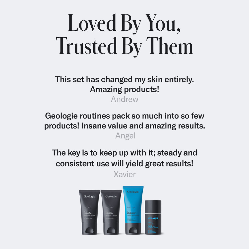 Advertisement for Geologie Oily Skin Routine featuring customer testimonials from Andrew, Angel, and Xavier with four pictured products at the bottom. Experience a transformative skincare routine with ingredients like salicylic acid that target oily skin, leaving you refreshed and confident.