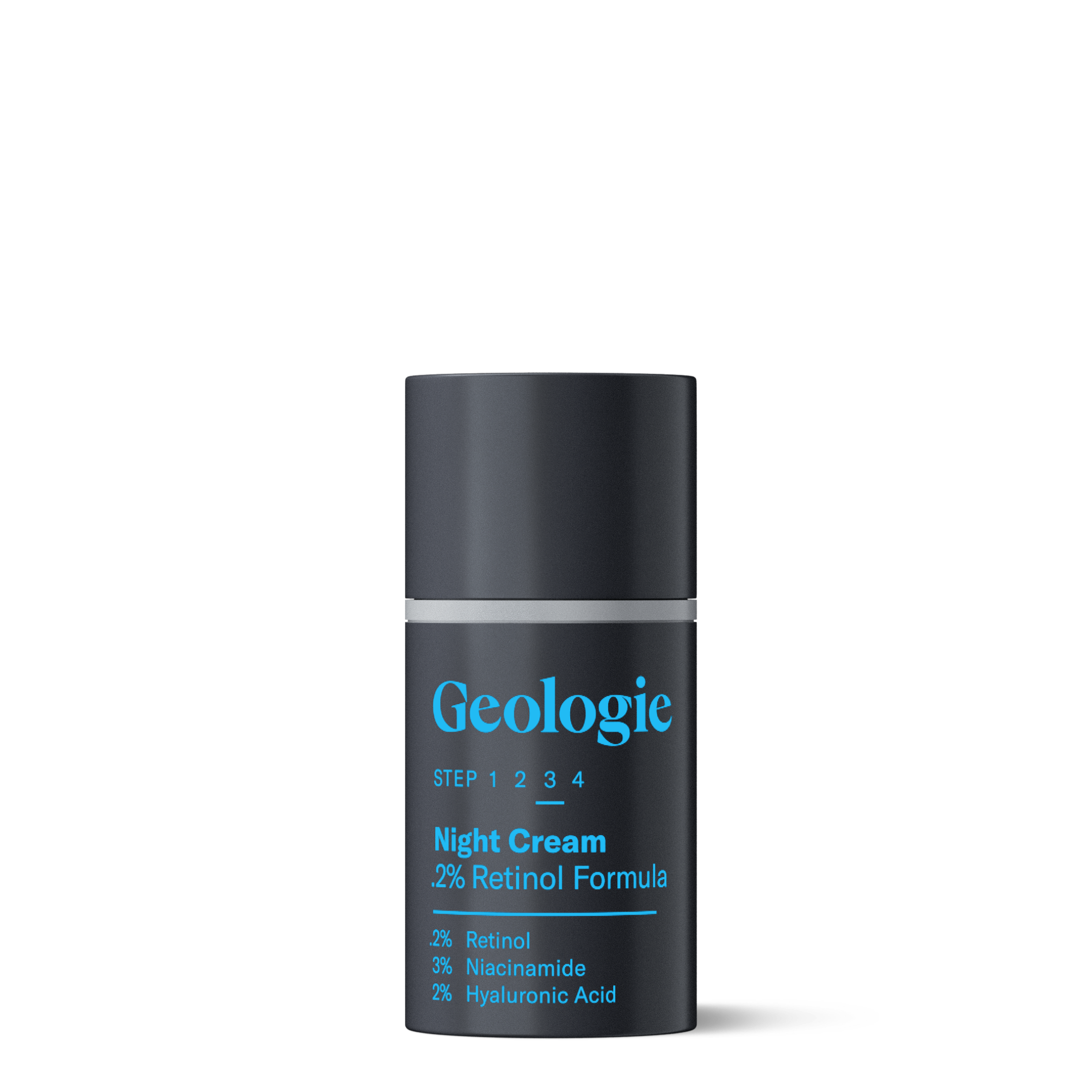 A bottle of Geologie Retinol Night Cream with 2% retinol, 3% niacinamide, and 2% hyaluronic acid, isolated on a black background.