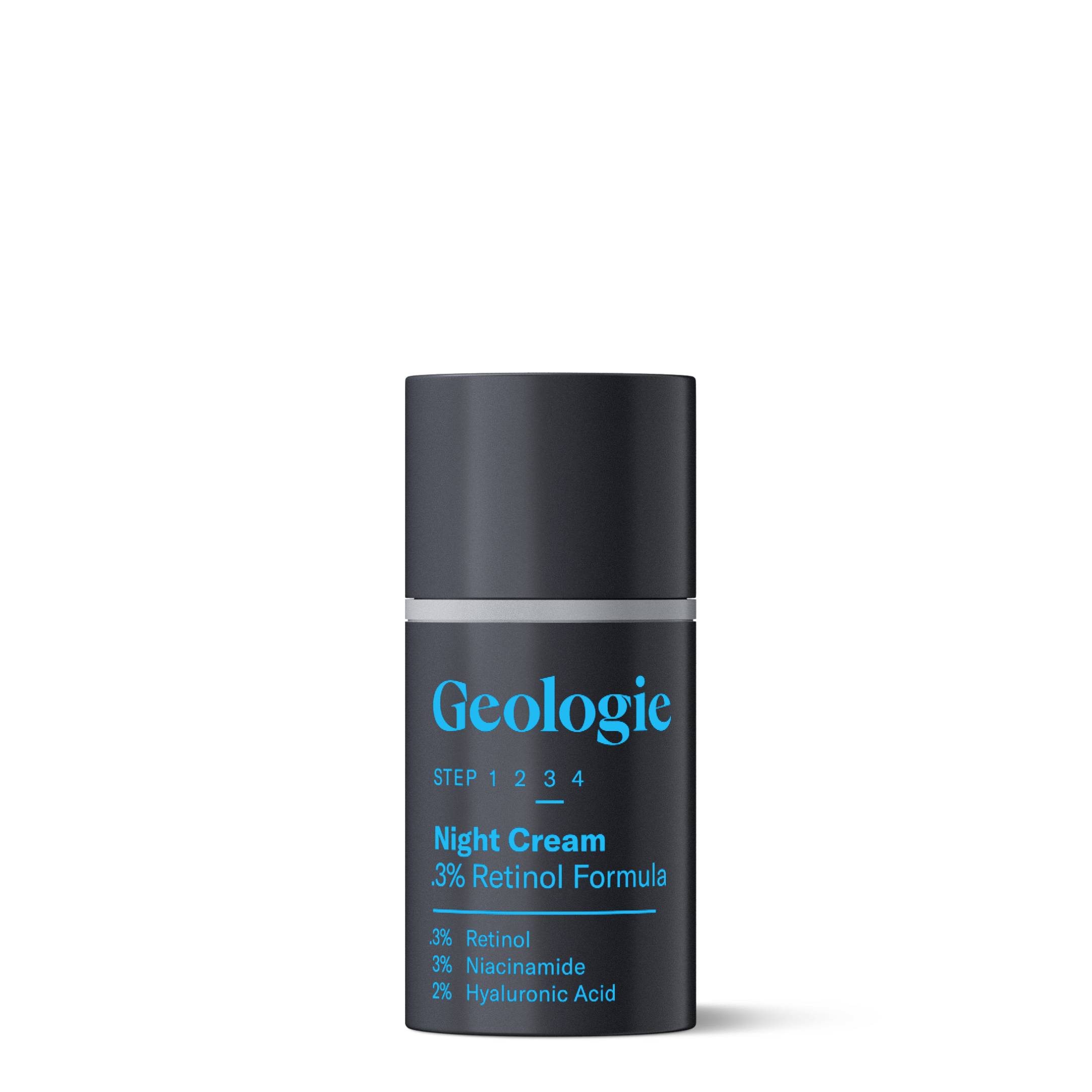 A bottle of Geologie Retinol Night Cream with 3% retinol formula, 3% niacinamide, and 2% hyaluronic acid on a dark background.