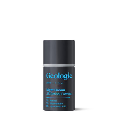 A bottle of Geologie Retinol Night Cream with 3% retinol formula, 3% niacinamide, and 2% hyaluronic acid on a dark background.
