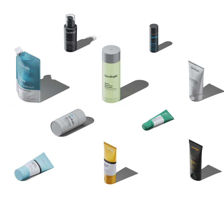 Hero Set Free Gift by Geologie: A collection of assorted skincare essentials, including tubes, bottles, and a convenient pouch from the Core Set, elegantly displayed against a simple backdrop. Ideal for anyone looking to revitalize their skincare routine.
