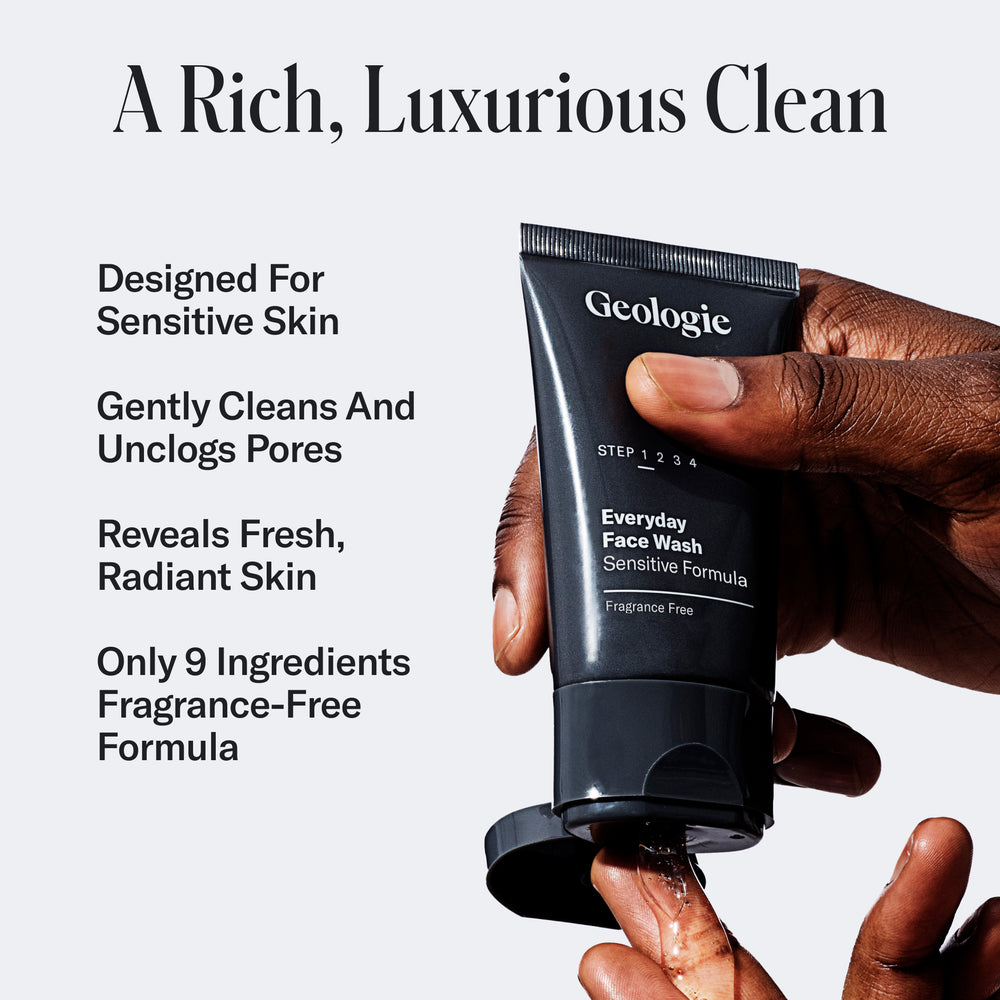 A hand holding a tube of Geologie Redness Relief Routine with text highlighting features for sensitive skin, including a fragrance-free formula enriched with azelaic acid to reduce rosacea.
