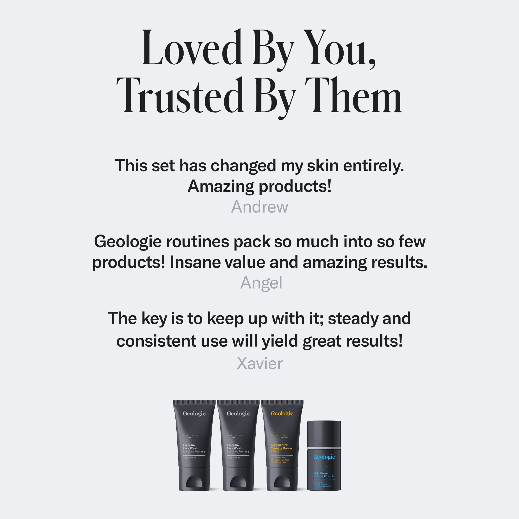 Graphic featuring a positive customer review about Geologie's Redness Relief Routine skincare products with images of three skincare bottles labeled 