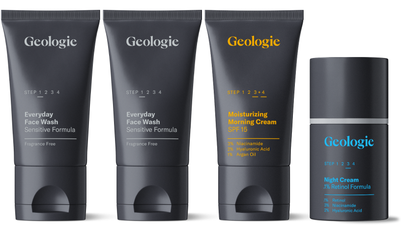 Four Geologie skincare products from the Regimen #01 Classic Welcome Set: three tubes of 