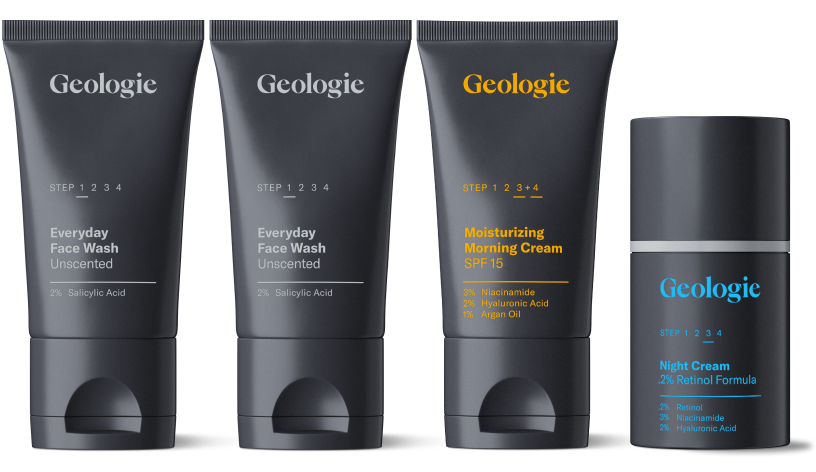 Four skincare products from Geologie's Regimen #16 Classic Welcome Set are lined up. From left to right: Everyday Face Wash Unscented (two identical tubes), Moisturizing Morning Cream SPF 15, and Night Cream 0.2% Retinol Formula.