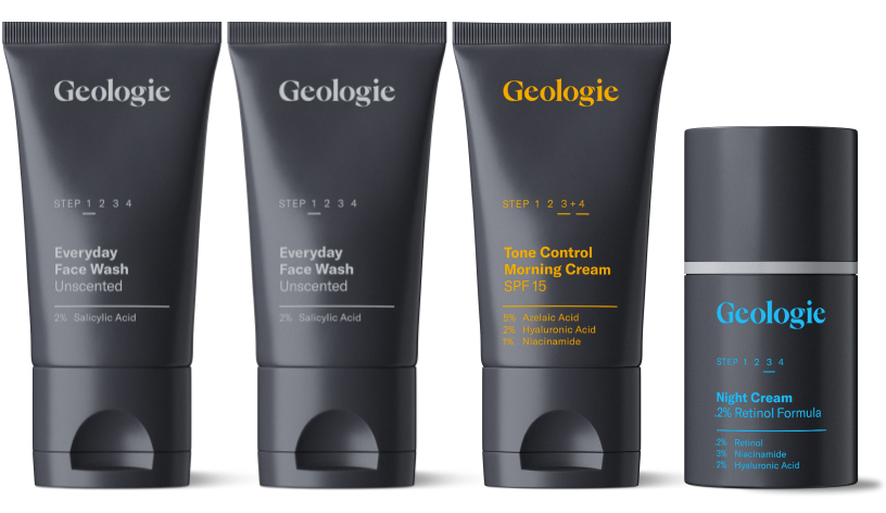 The Geologie Regimen #20 Classic Welcome Set, featuring three tubes of Everyday Face Wash, a bottle of Tone Control Morning Cream SPF 15, and a bottle of Night Cream with 2% Retinol Formula, are lined up side by side.