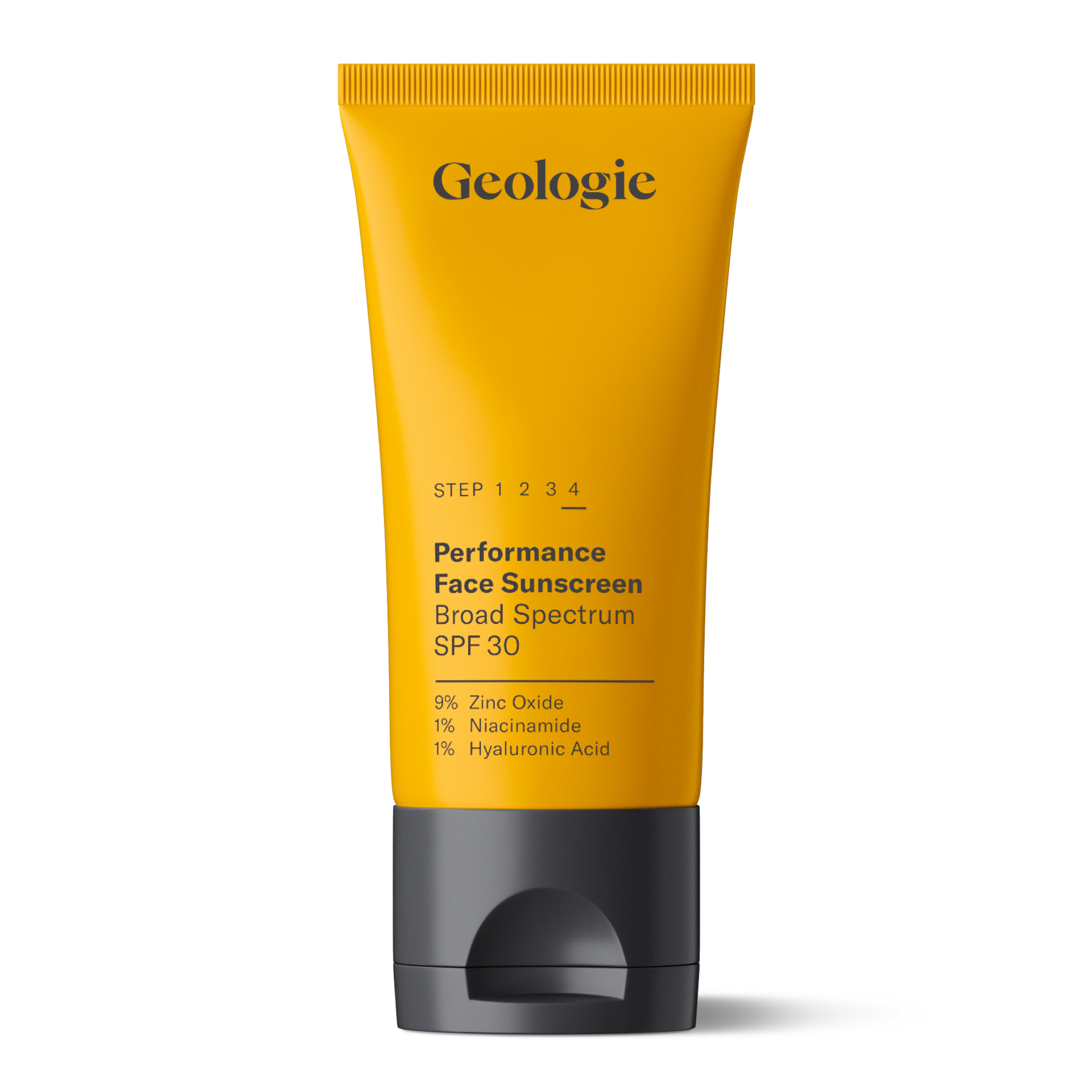 A yellow tube of Geologie Broad-Spectrum SPF30 Face Sunscreen promises effective mineral and physical sunscreen protection. The packaging lists key ingredients: 9% Zinc Oxide, 1% Niacinamide, and 1% Hyaluronic Acid for broad-spectrum UVA and UVB protection.