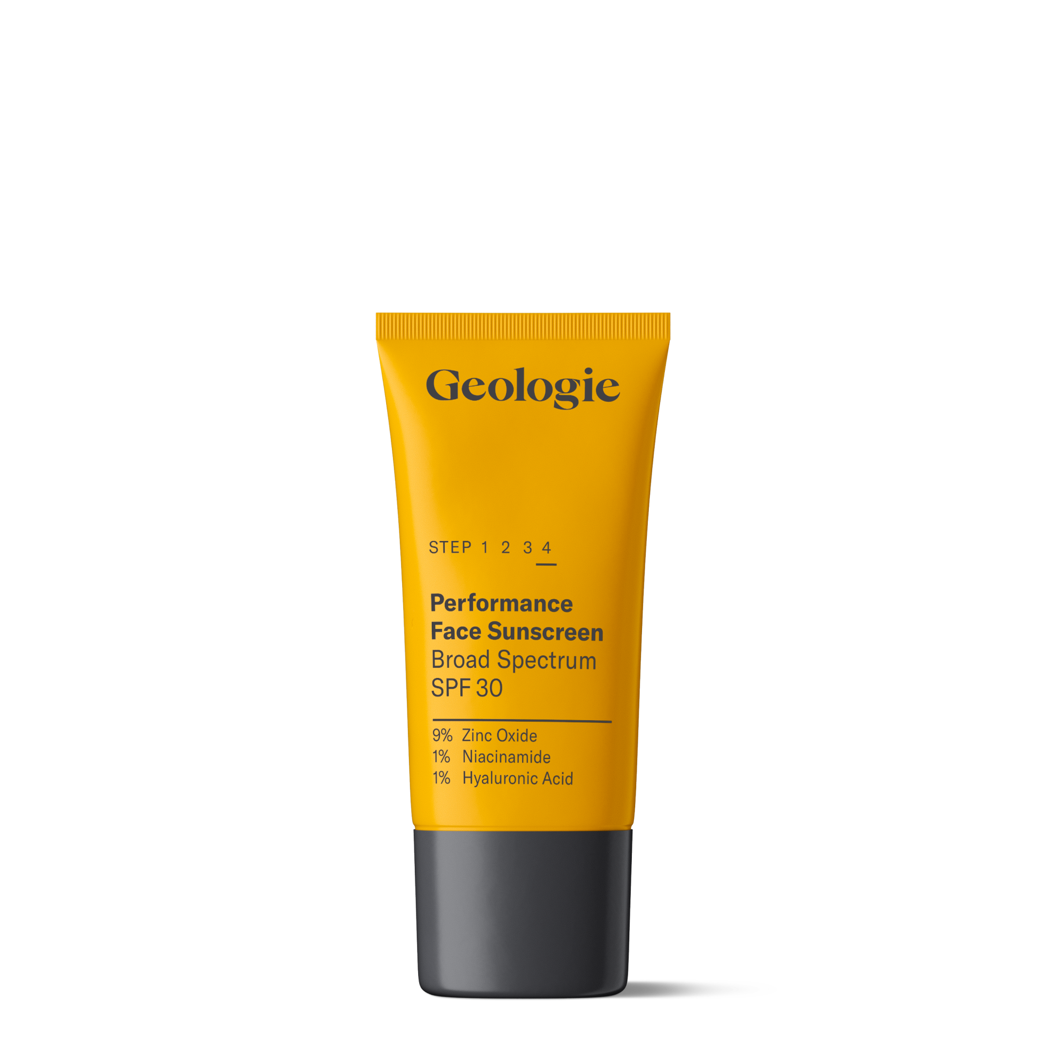 A yellow tube of Geologie Broad-Spectrum SPF30 Face Sunscreen, offering UVA and UVB protection with Zinc Oxide, Niacinamide, and Hyaluronic Acid, stands upright against a white background.