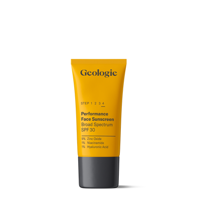 A yellow tube of Geologie Broad-Spectrum SPF30 Face Sunscreen, offering UVA and UVB protection with Zinc Oxide, Niacinamide, and Hyaluronic Acid, stands upright against a white background.