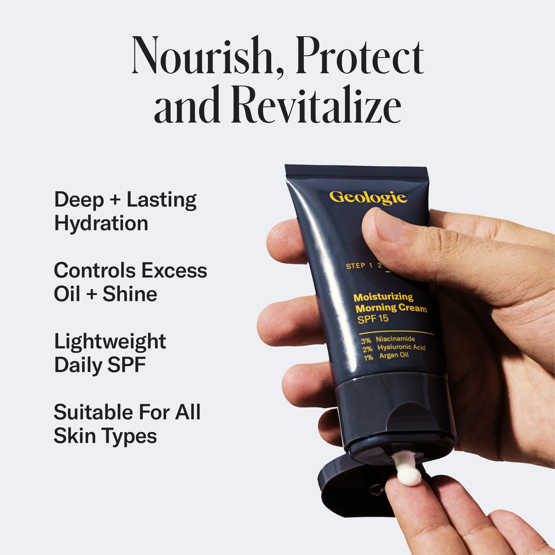 A hand squeezing a tube of Geologie Sensitive Skincare Set facial cream, formulated with hyaluronic acid, onto a finger, against a background with text about the product's benefits.