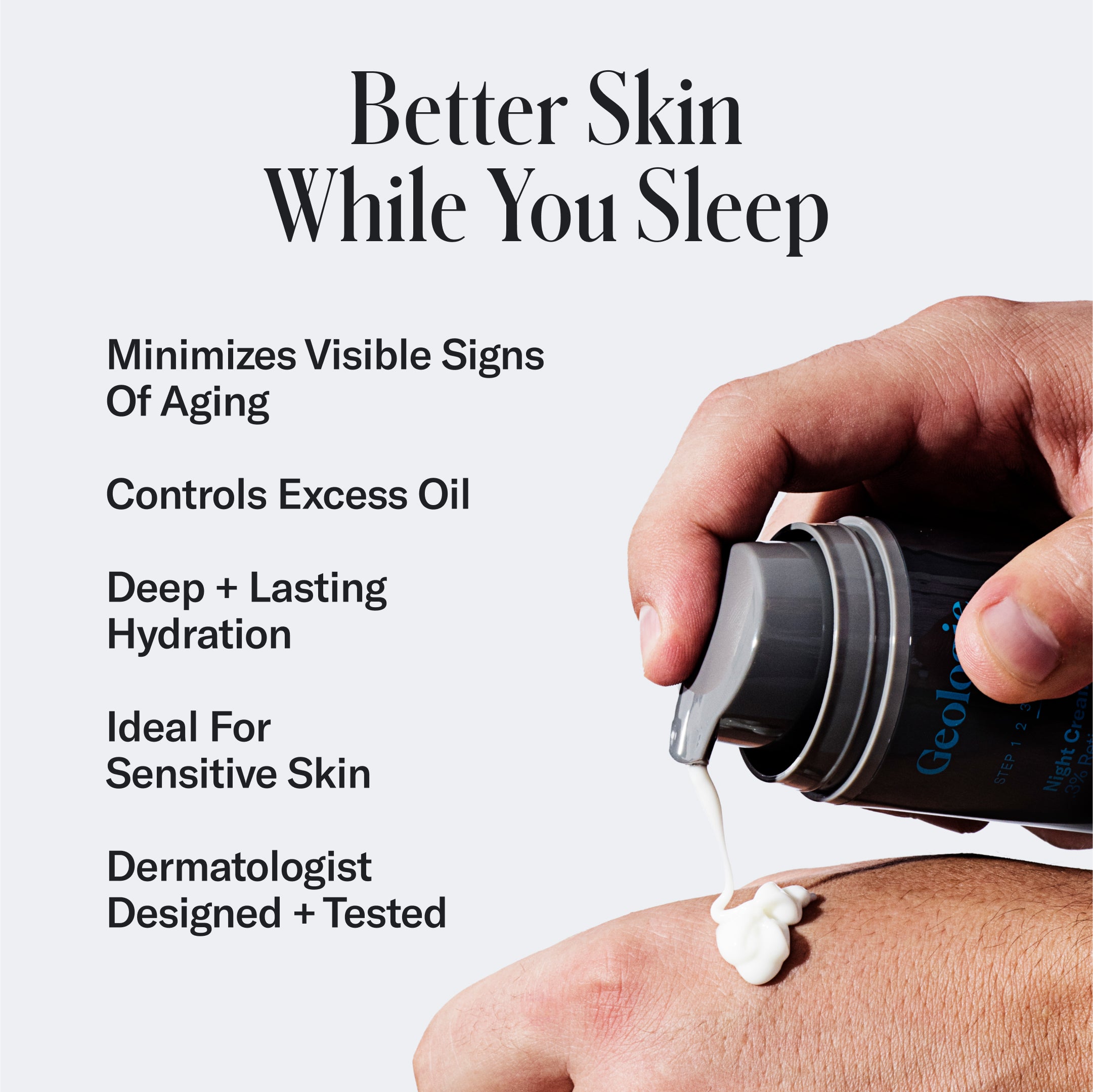 A hand squeezing Geologie's Sensitive Skincare Set from a bottle onto another hand, against a background featuring text about skin benefits for sensitive skin.