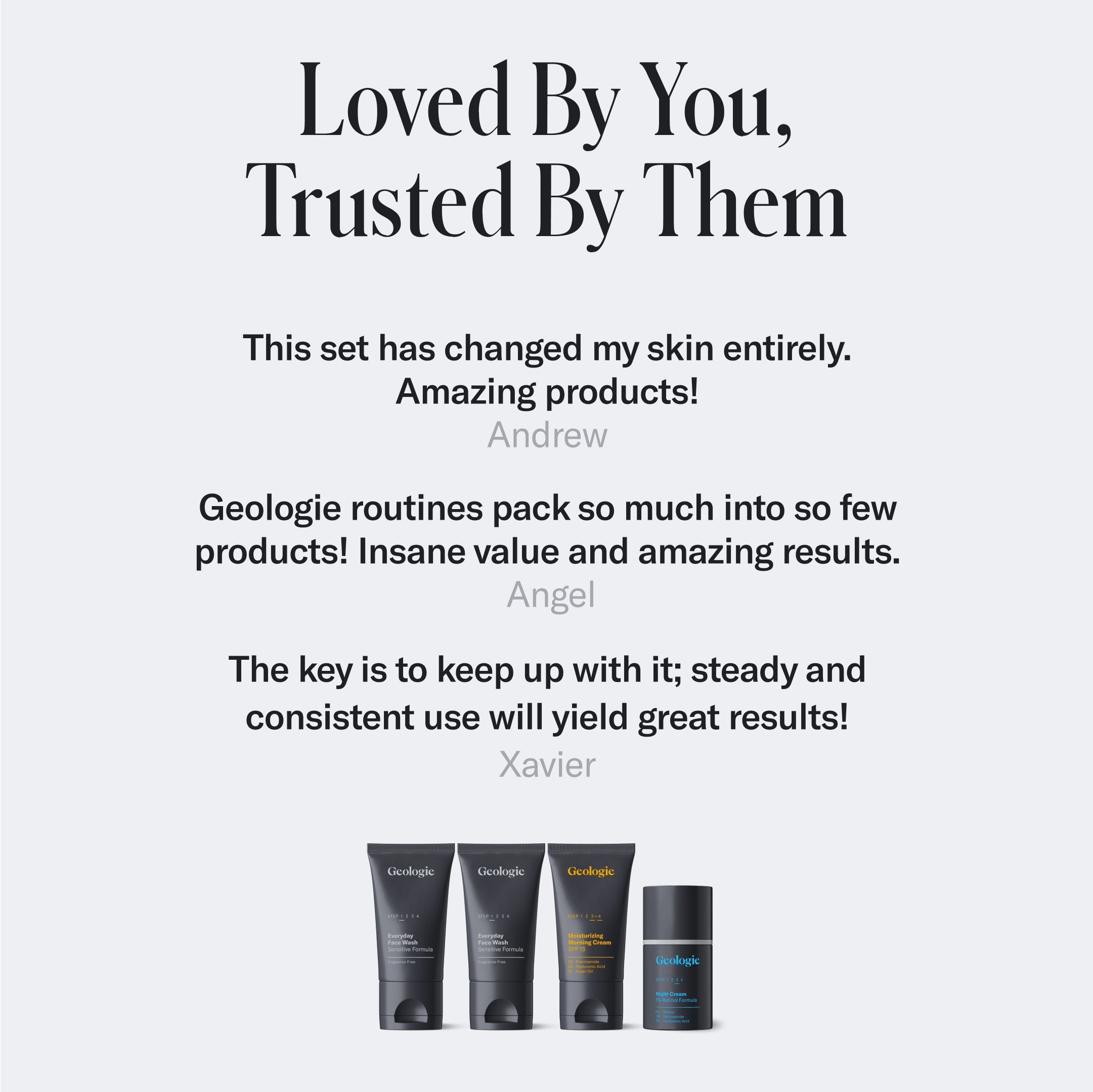 An advertisement featuring Geologie's Sensitive Skincare Set with customer reviews praising its effectiveness for sensitive skin.