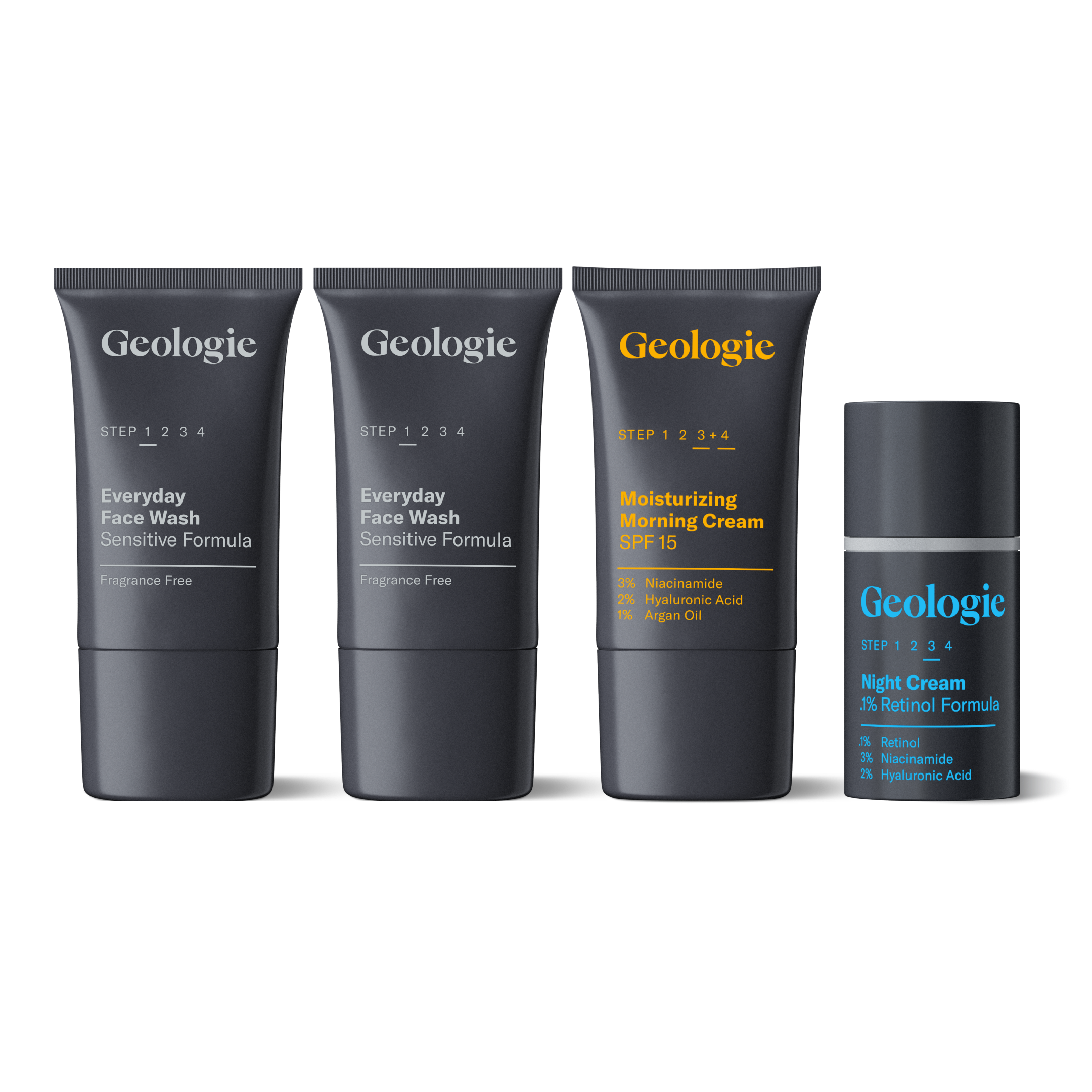 Four Geologie Sensitive Skincare Sets for sensitive skin, including face wash, moisturizing cream, and a night cream, displayed with labels indicating active ingredients.
