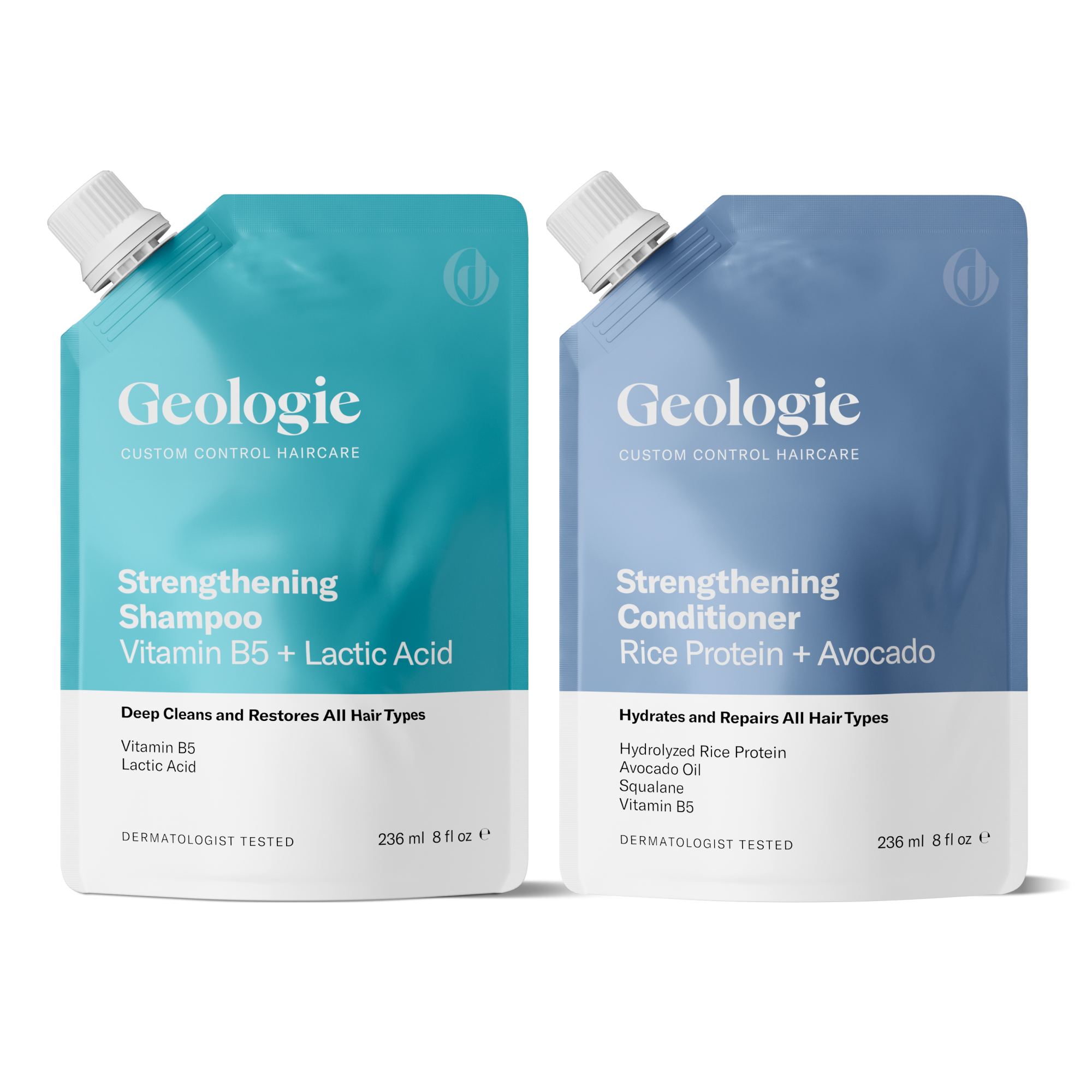 Two pouches of Geologie Shampoo + Conditioner Bundle with strengthening and conditioning formulas that nourish hair.