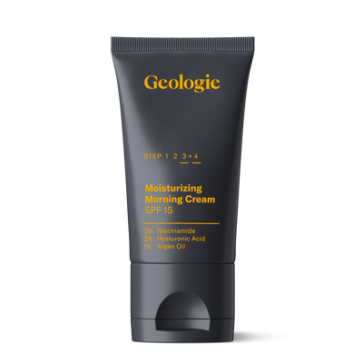 A tube of Geologie Morning Cream with SPF15 with skincare ingredients listed on the label.