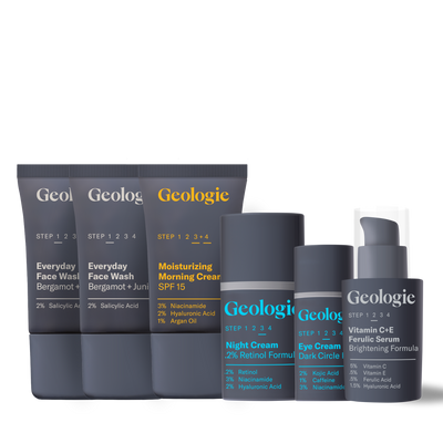 A complete skincare bundle of Geologie's Men's Skincare Gift Set including face wash, morning cream, and eye creams with dermatologist-approved ingredients, arranged with step numbers for a skincare routine.