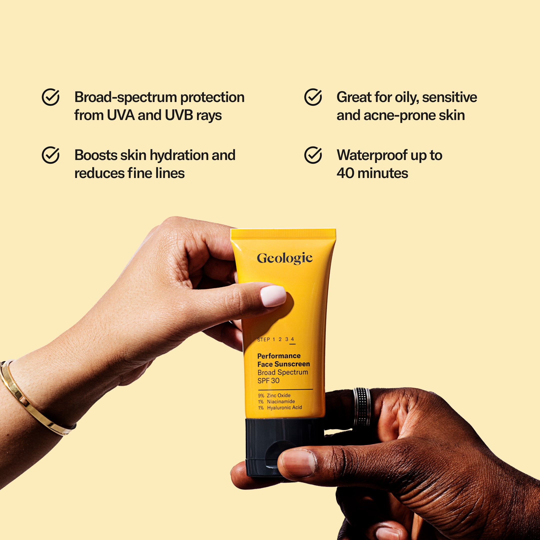 A hand holding a tube of Geologie's Sun Protection Essentials against a yellow background with text outlining the product's benefits for skin.