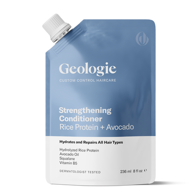 A standing pouch labeled Geologie Strengthening Conditioner with Rice Protein and Avocado for all hair types. Contains 236 ml (8 fl oz).