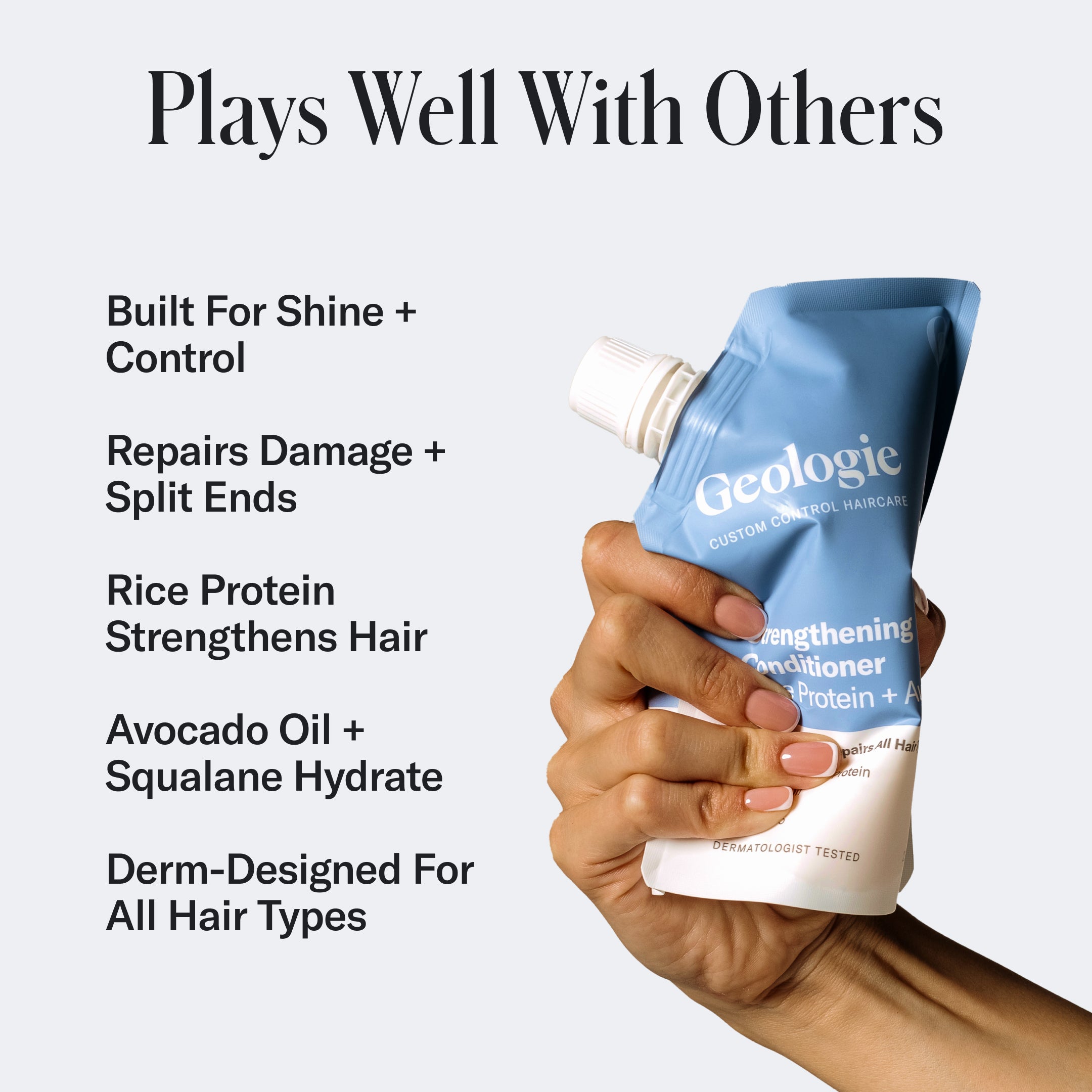 A hand holding a blue Geologie Strengthening Conditioner bag. Text on the image emphasizes shine control, repair of damage and split ends, rice protein for strength, avocado oil for hydration, and suitability for all hair types.