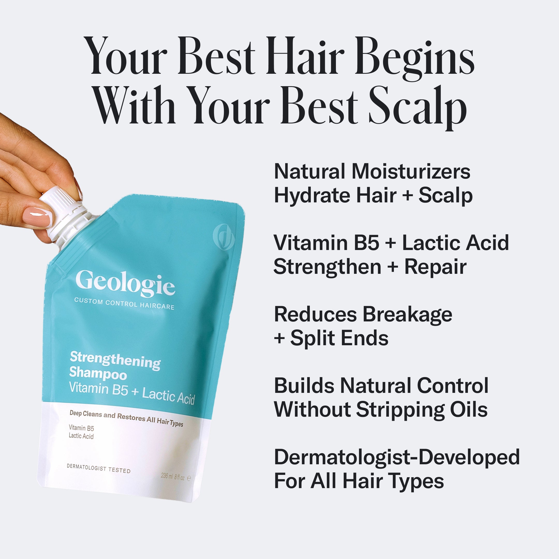 A hand holds a pouch of Geologie Strengthening Shampoo. The text highlights benefits like hydration, breakage reduction, natural control, and suitability for all hair types. Infused with Vitamin B5 and Lactic Acid, it ensures your hair stays strong and healthy.