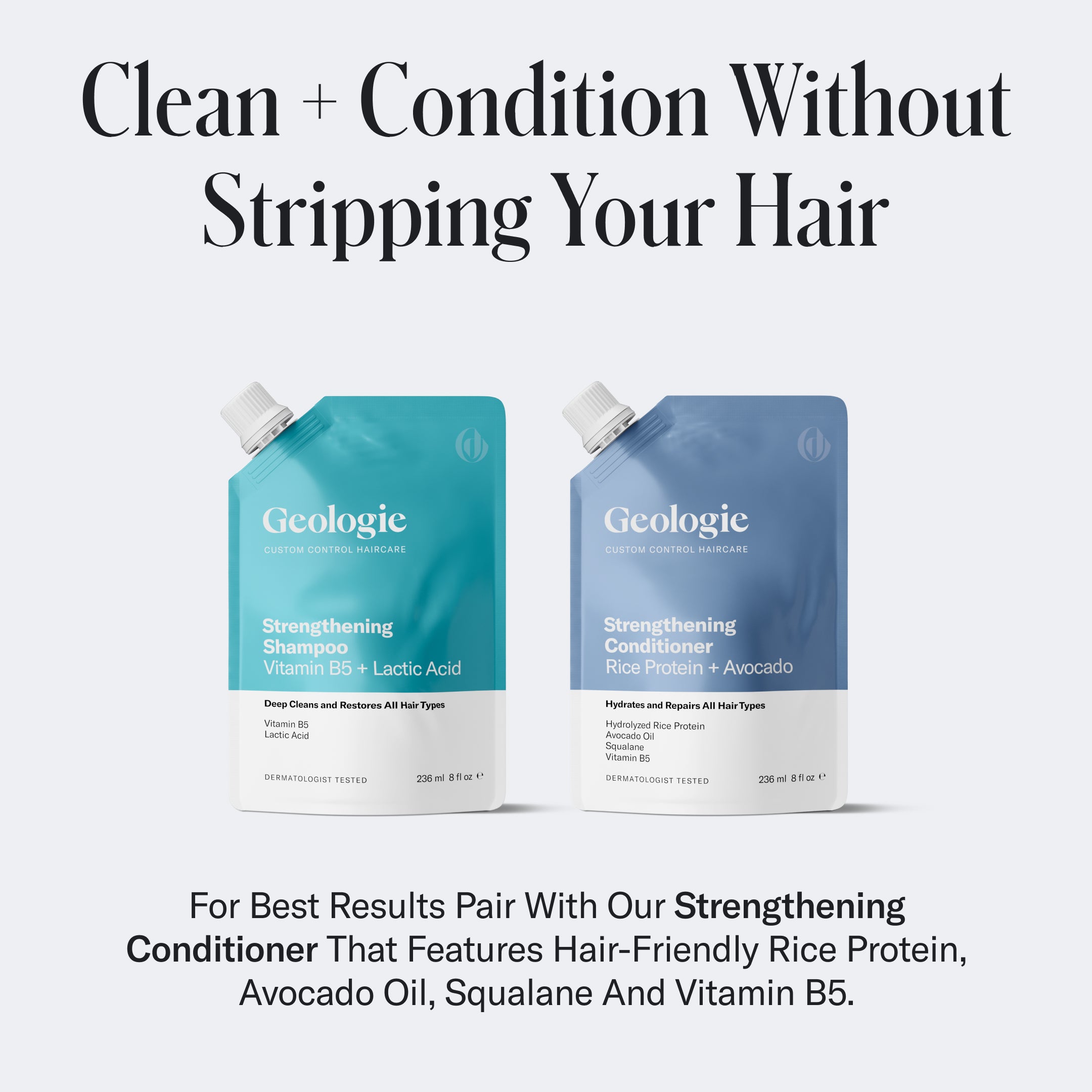 Image featuring Geologie Strengthening Shampoo, emphasizing benefits like deep cleaning, hydration, and nourishment for all hair types. Infused with Vitamin B5 and lactic acid, this product provides an extra boost for healthier hair.