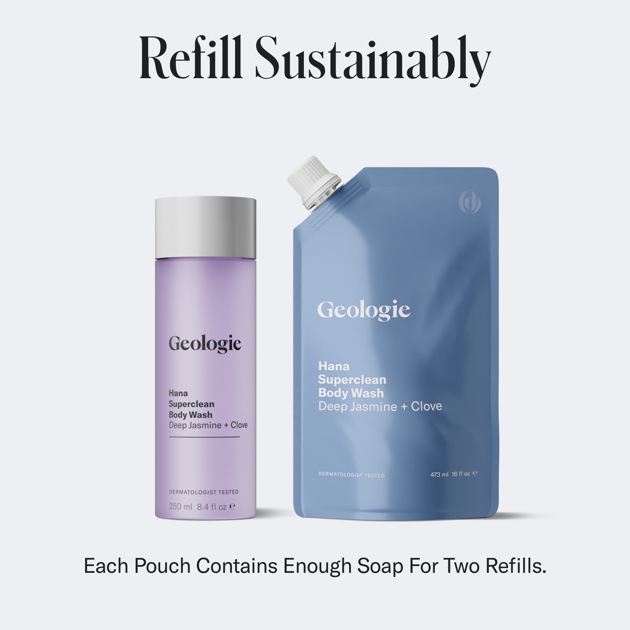 Geologie Superclean Body Wash product next to a refill pouch. The text reads 