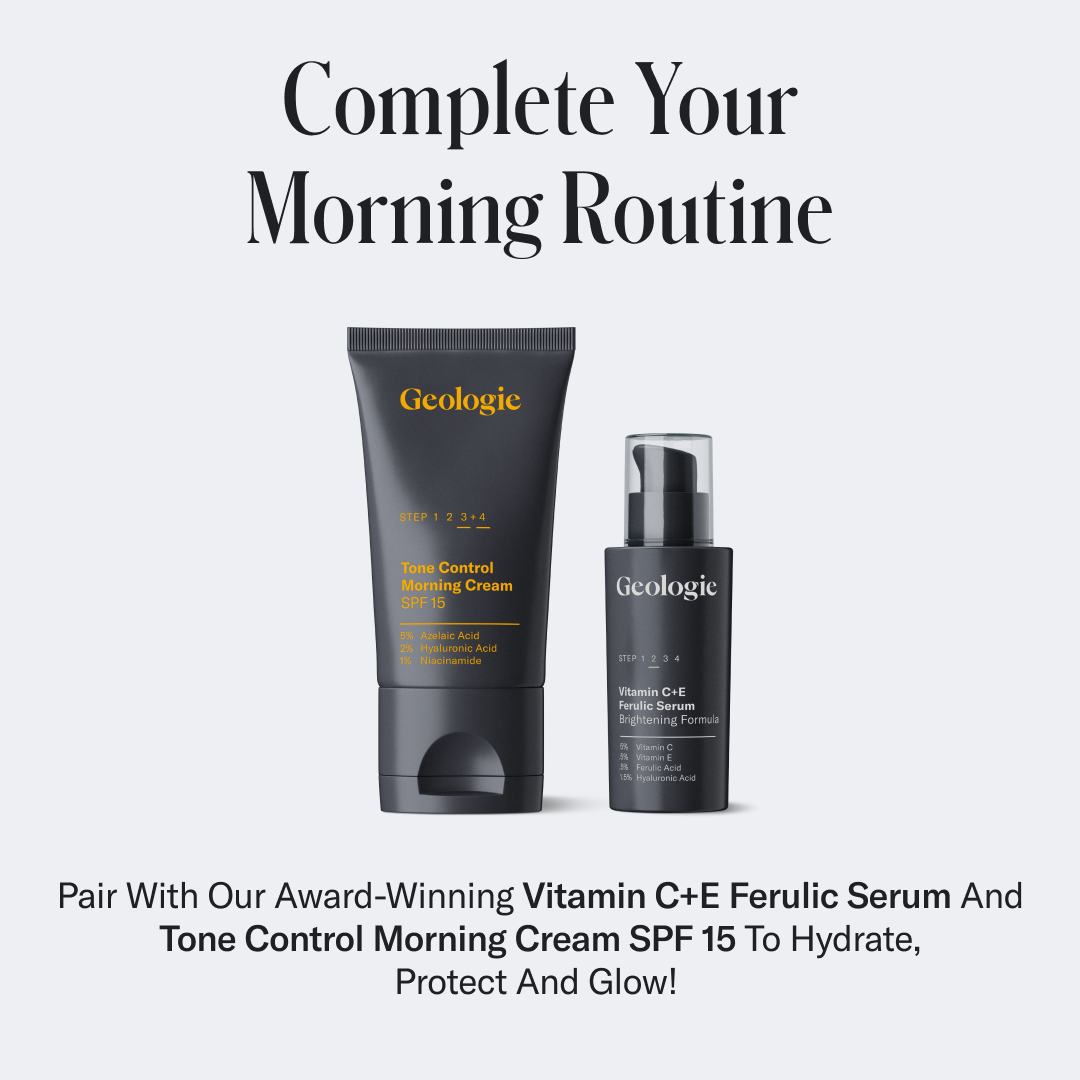 Ad featuring two Geologie skincare products: Tone Control Face Cream with SPF15 with mattifying complex and Vitamin C+E Hydrate Serum. Text promotes completing a morning routine.