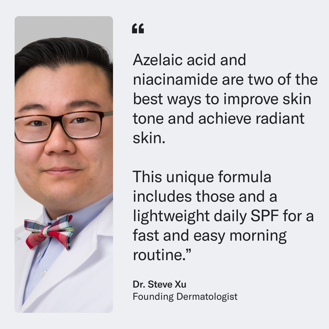 Headshot of an Asian man in glasses and a white lab coat, wearing a colorful bow tie, with a quote about Geologie's Tone Control Face Cream with SPF15 benefits next to him.