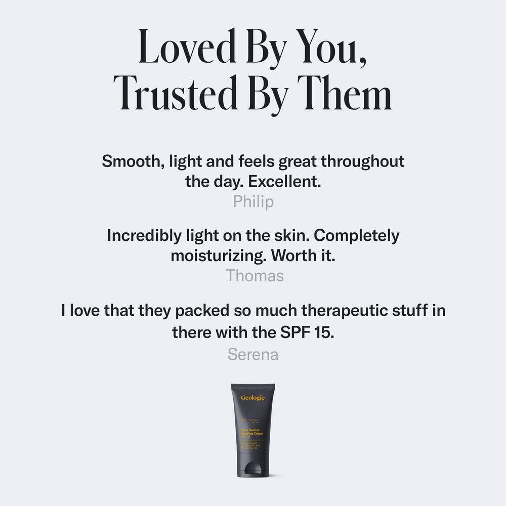 Black tube of Geologie Tone Control Face Cream with SPF15 sunscreen with text testimonials praising its light feel and spf 15 protection, suitable for sensitive skin, on a white background.