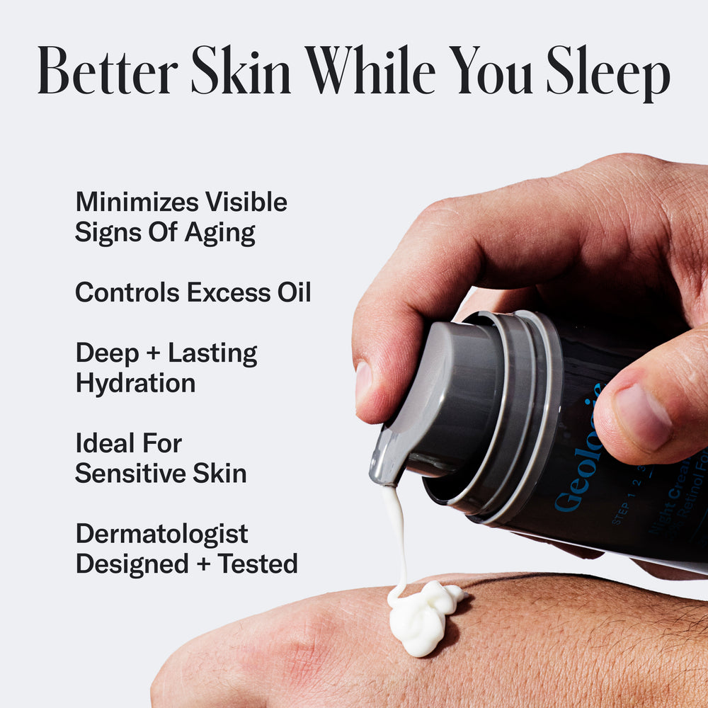 Hand squeezing Geologie's Ultimate Skincare Set from a bottle onto another hand, with text promoting benefits for reducing wrinkles while sleeping.