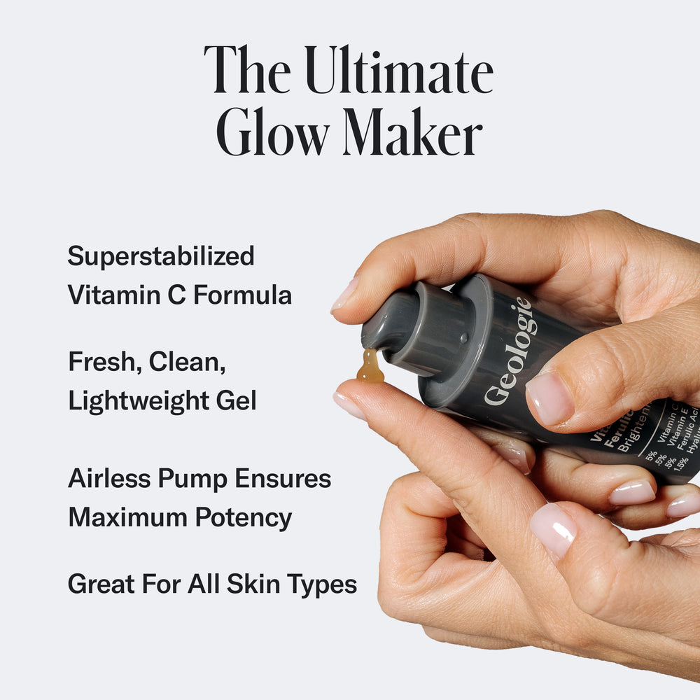 Hands dispensing Geologie's Ultimate Skincare Set from a black pump bottle, with text highlighting its benefits as a vitamin C formula suitable for all skin types and effective against breakouts.