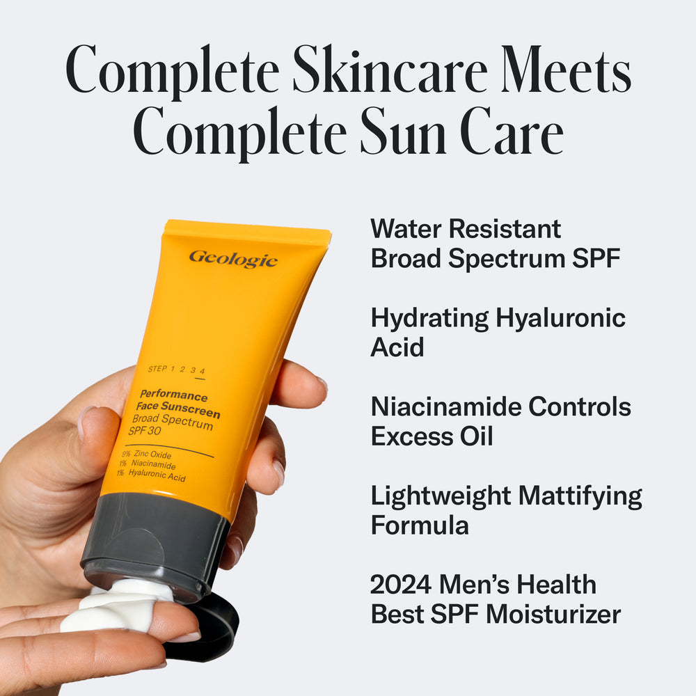 Tube of Geologie Ultimate Skincare Set labeled 'step 1 2 3 4' with text highlights about broad spectrum SPF, hydrating hyaluronic acid, niacinamide controls excess oil and breakouts, and being a lightweight, mattifying SPF moisturizer.