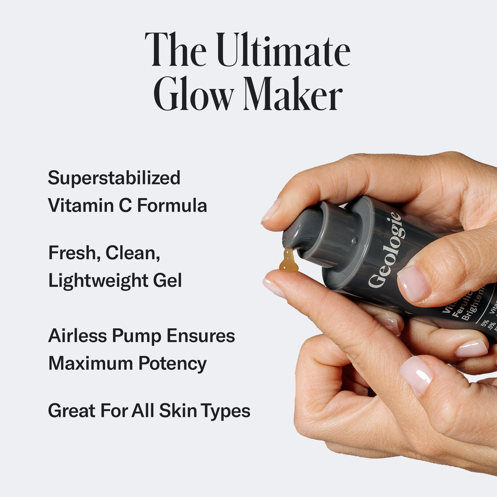 A hand dispensing a serum from a bottle labeled Geologie with text describing it as 'the ultimate glow maker' with a Vitamin C+E Ferulic Serum formulation.