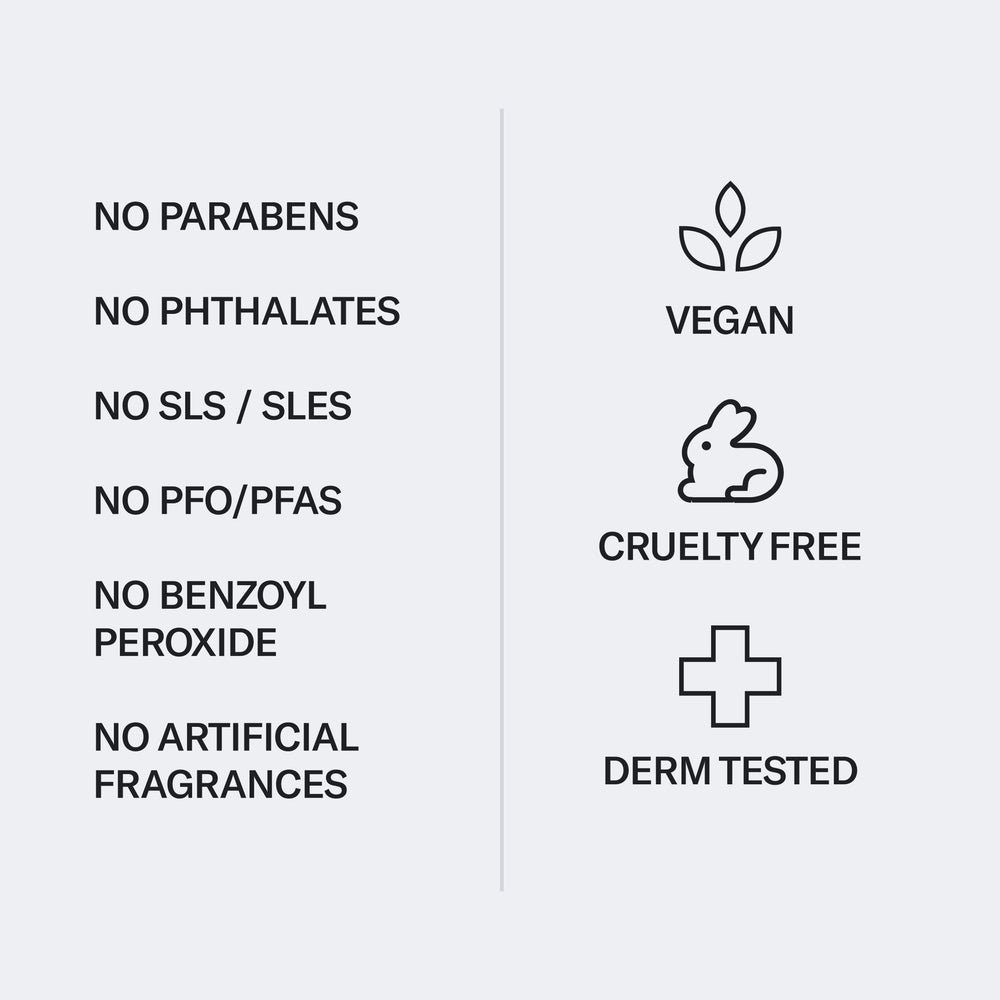 Graphic showing Geologie's Vitamin C+E Ferulic Serum features: 'no parabens, sls/sles, pfo/pfas, benzoyl, artificial ingredients' and marked as 'vegan, cruelty-free,' protecting against environmental stressors.
