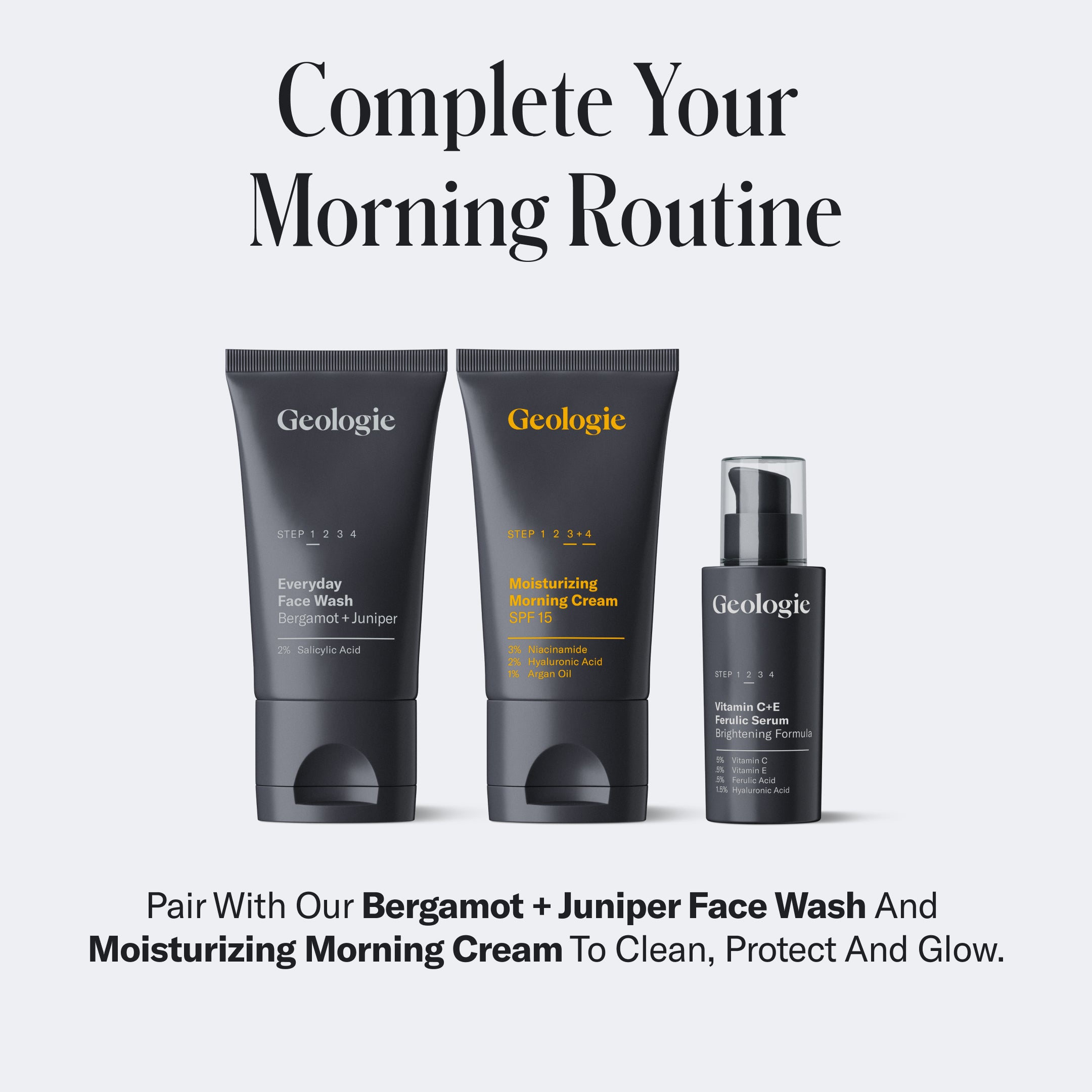 Three Geologie skincare products—face wash, moisturizing cream, and Vitamin C+E Ferulic Serum—displayed against a gray background with text promoting a morning routine to protect skin.