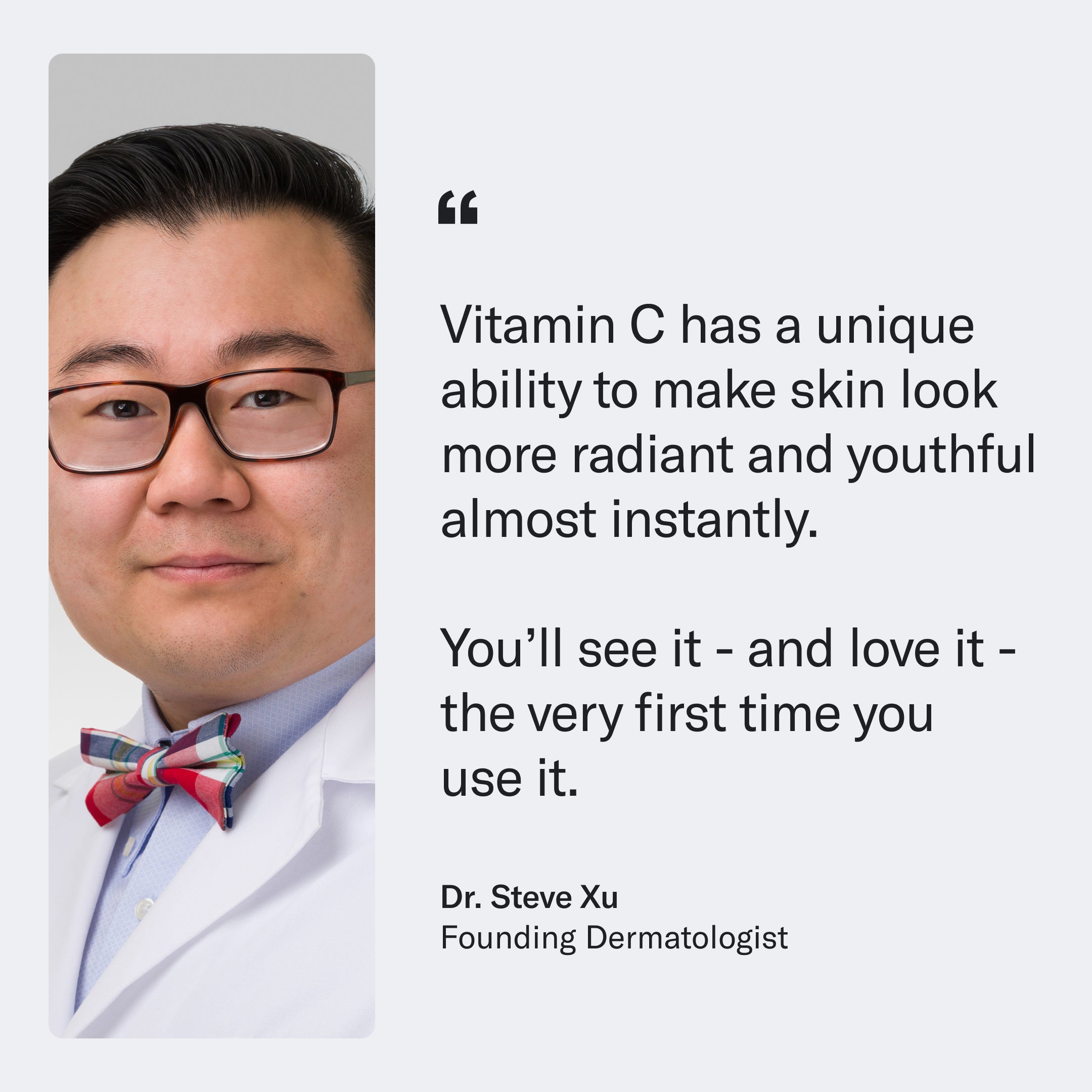 Portrait of an Asian man with glasses and a colorful bow tie, accompanied by a quote about the benefits of Geologie's Vitamin C+E Ferulic Serum for skin.