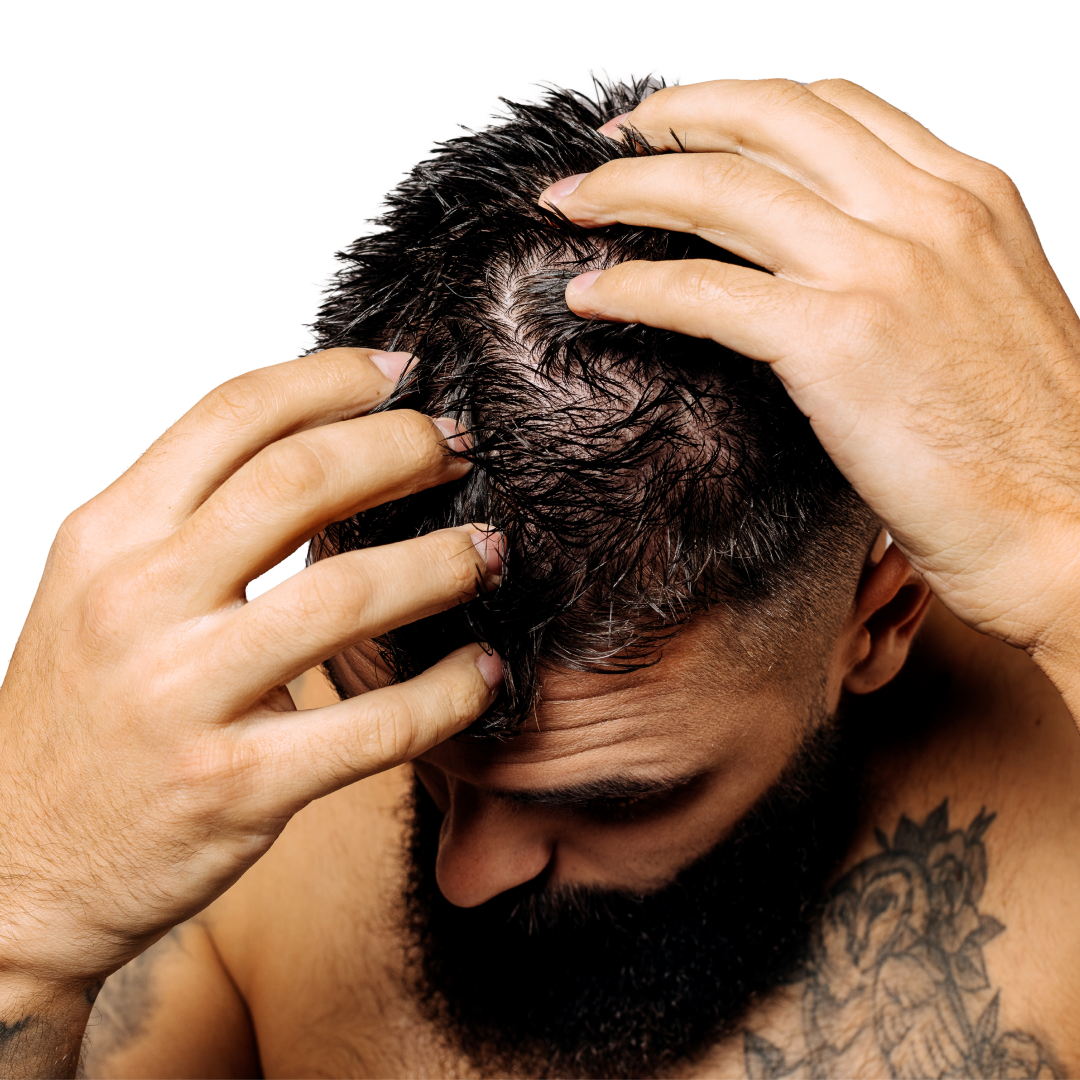 Man applying Geologie Dandruff Shampoo + Conditioner Bundle to hair while showering.