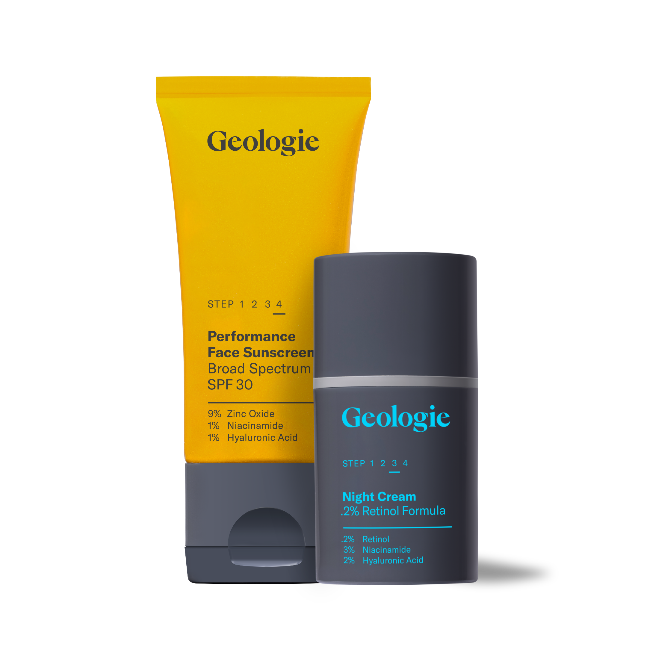 Two Geologie skincare products: SPF 30 sunscreen and Anti Aging Duo anti-aging retinol night cream.