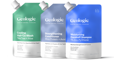 Three varieties of Geologie hair care products, including the Cooling Co-Wash, Dandruff Shampoo, and Strengthening Conditioner, highlighting their key ingredients and benefits.