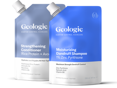 Two bottles of Geologie Dandruff Shampoo + Strengthening Conditioner with descriptions highlighting their active ingredients and benefits.