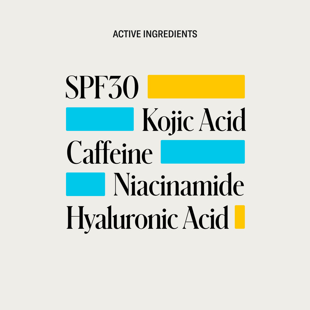 List of active ingredients in the Dark Under Eye Duo by Geologie with color-coded highlights, including spf30, kojic acid, caffeine, niacinamide, and hyaluronic acid.
