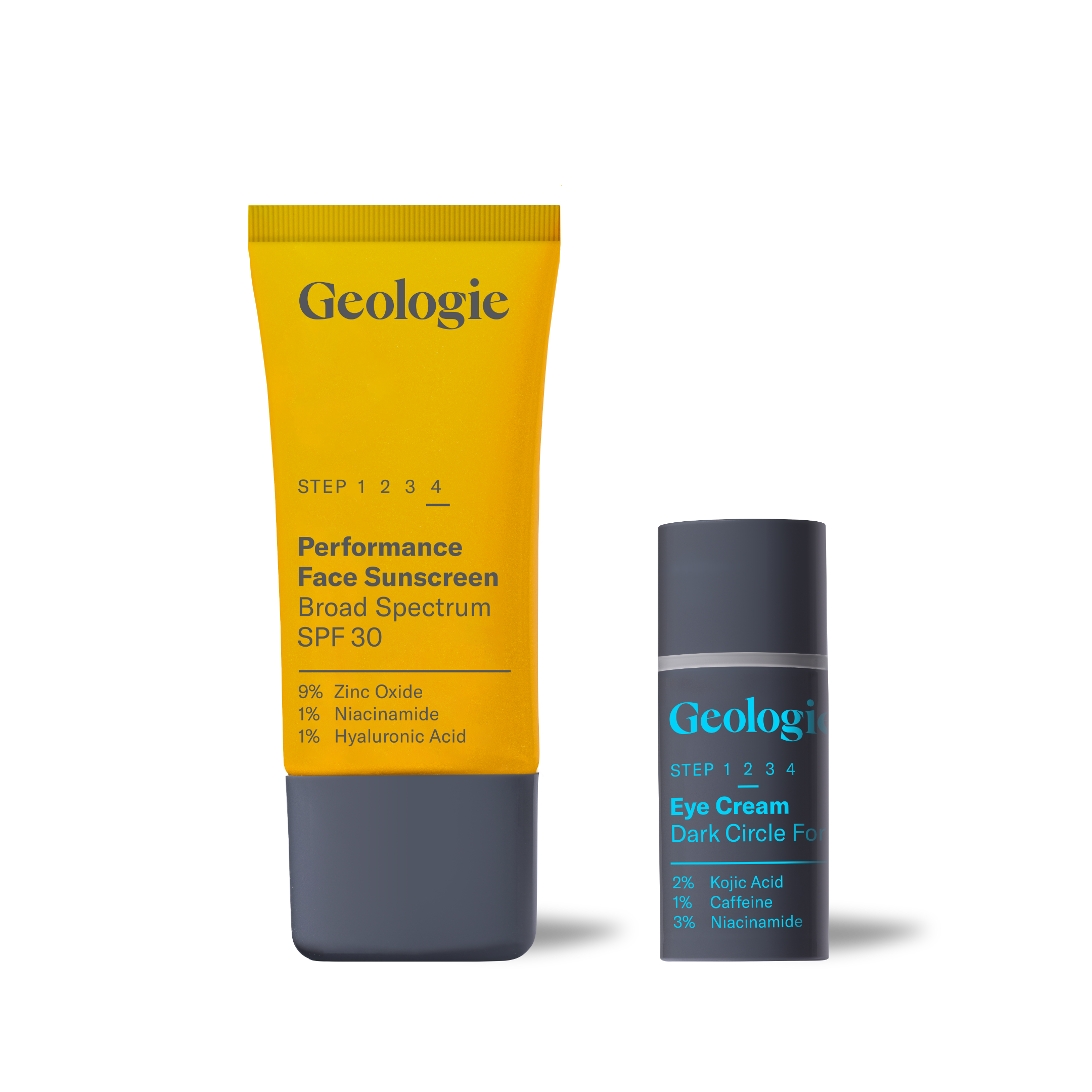 Two Geologie skincare products: a face sunscreen with SPF 30 and an eye cream featuring caffeine, both highlighting key ingredients.