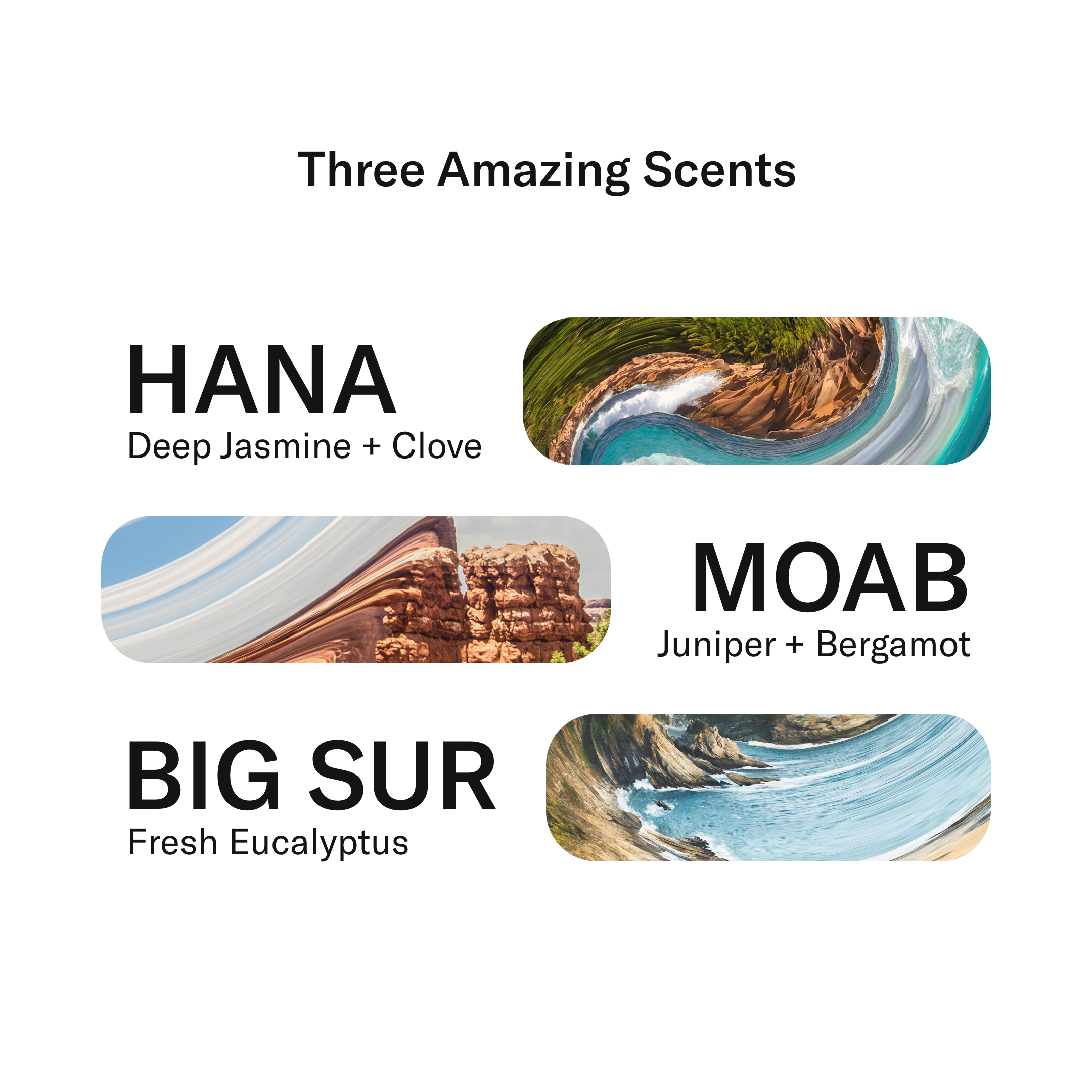 Collection of three fragrance labels inspired by nature: hana with jasmine and clove, moab with juniper and bergamot, and big sur with fresh eucalyptus scents as part of the Geologie Body Bundle.