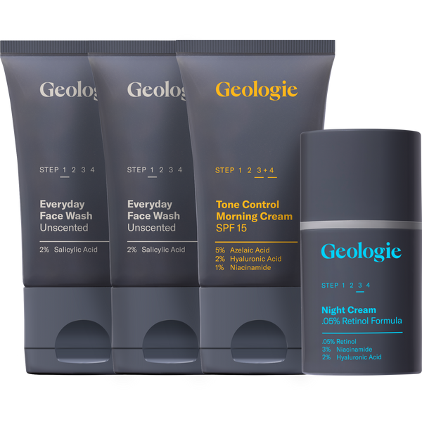 A set of four Geologie Regimen #17 Classic Set Trial skincare products, including face wash, morning cream with spf, nocturnal cream, and an eye cream.